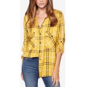 Sanctuary Women’s Yellow Plaid Boyfriend Button Up Shirt Medium